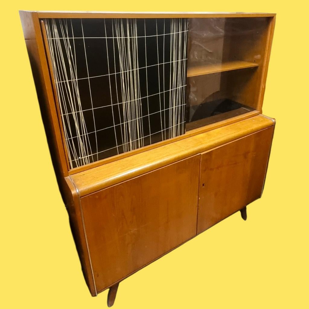 Vintage vitrinekast mid century met handgeschilderd paneel, Huis en Inrichting, Kasten | Vitrinekasten, Ophalen, Gebruikt, ,, ,