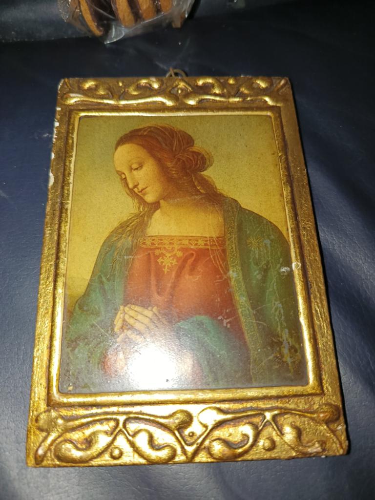 Antieke reproductie Perugino 'Vergine' in lijst, Ophalen of Verzenden