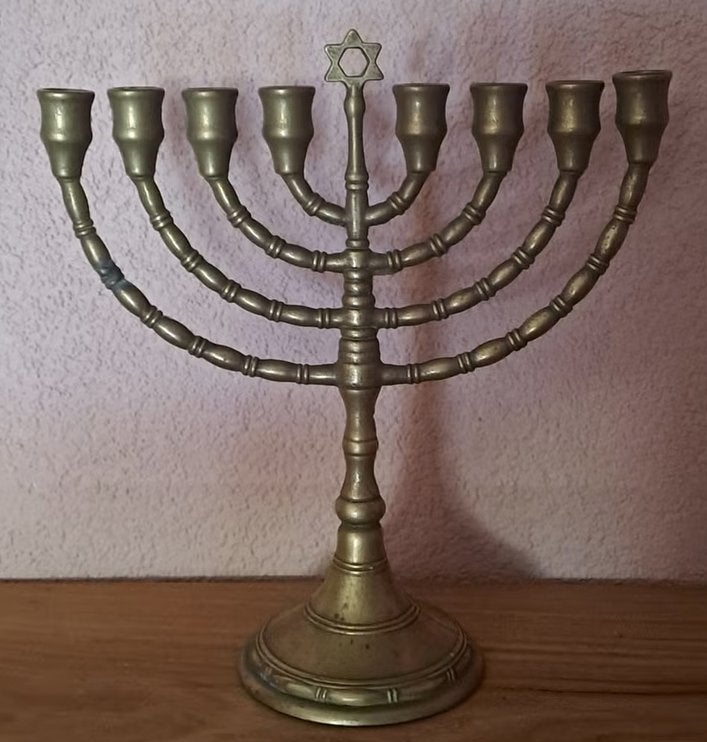 Antieke bronzen Menora kandelaar met Davidster, Ophalen of Verzenden, Koper