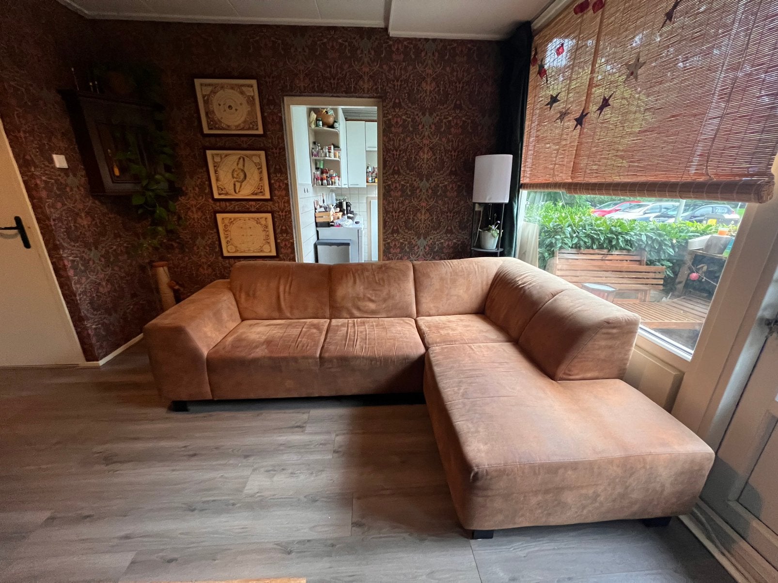 Hoekbank congac faux suede, Huis en Inrichting, Ophalen, Gebruikt