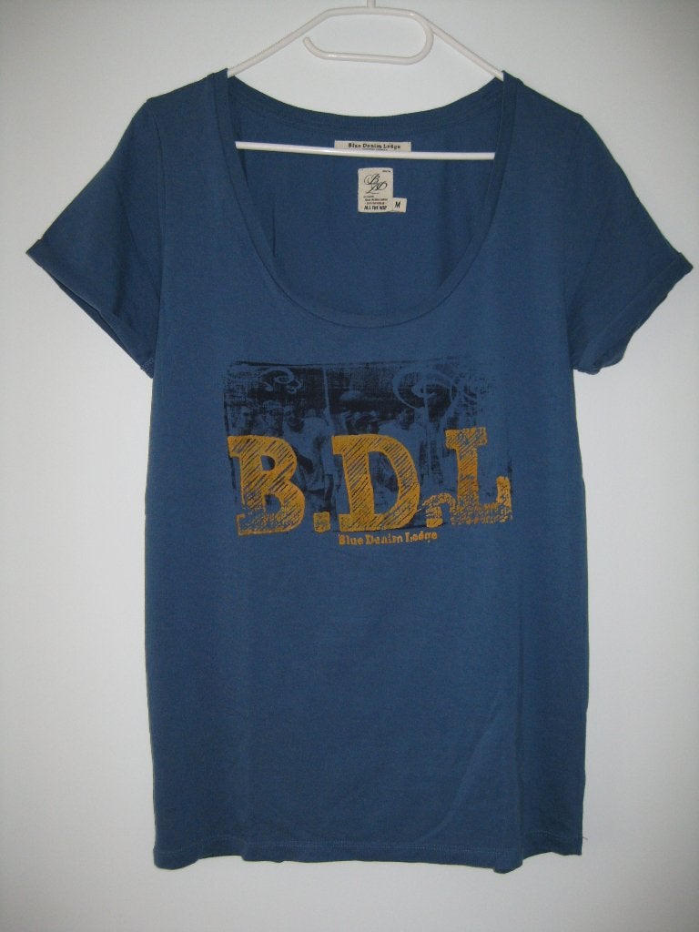 T Shirt Blue Denim Lodge maat M., Ophalen, Blauw, Korte mouw, Maat 36 (S)