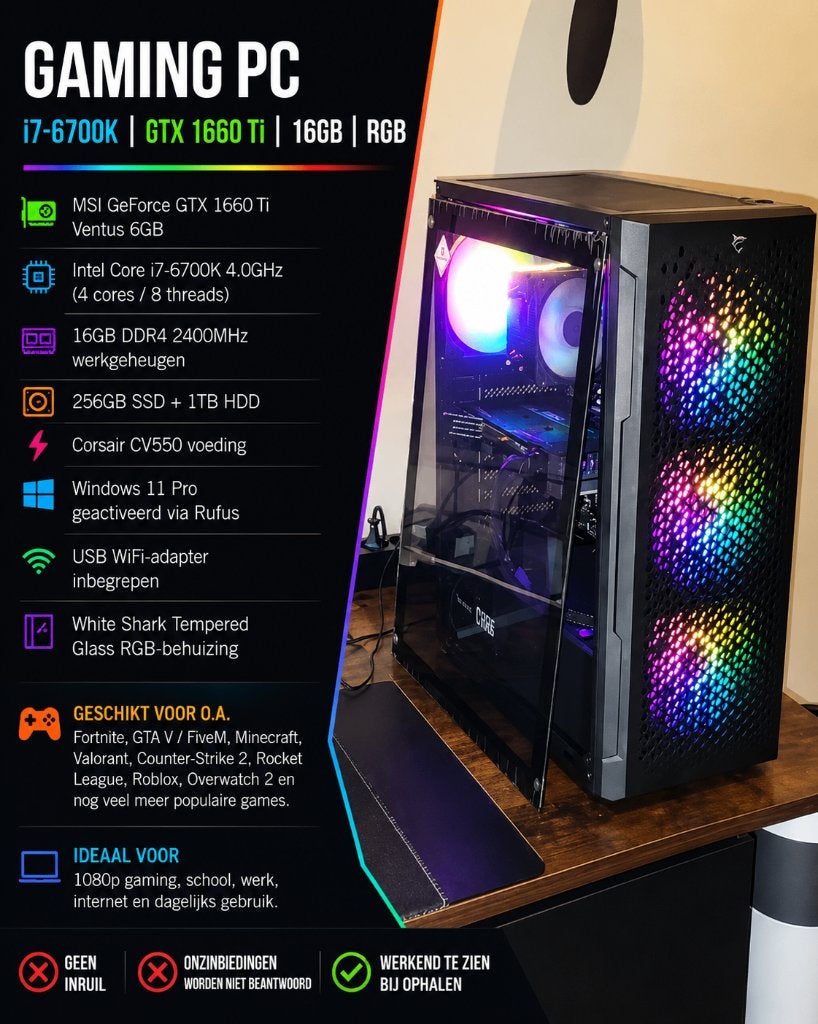 Gaming PC | i7-6700K | GTX 1660 Ti 6GB | 16GB | RGB, Computers en Software, 1.13TB, Refurbished, Ophalen of Verzenden, Gaming