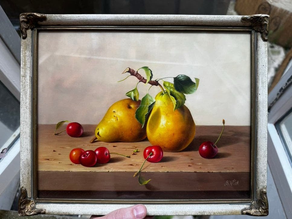 Stilleven schilderij peren kersen Hongaarse school Bubarnik?, Achter glas, Paneel, Realistisch, Stilleven