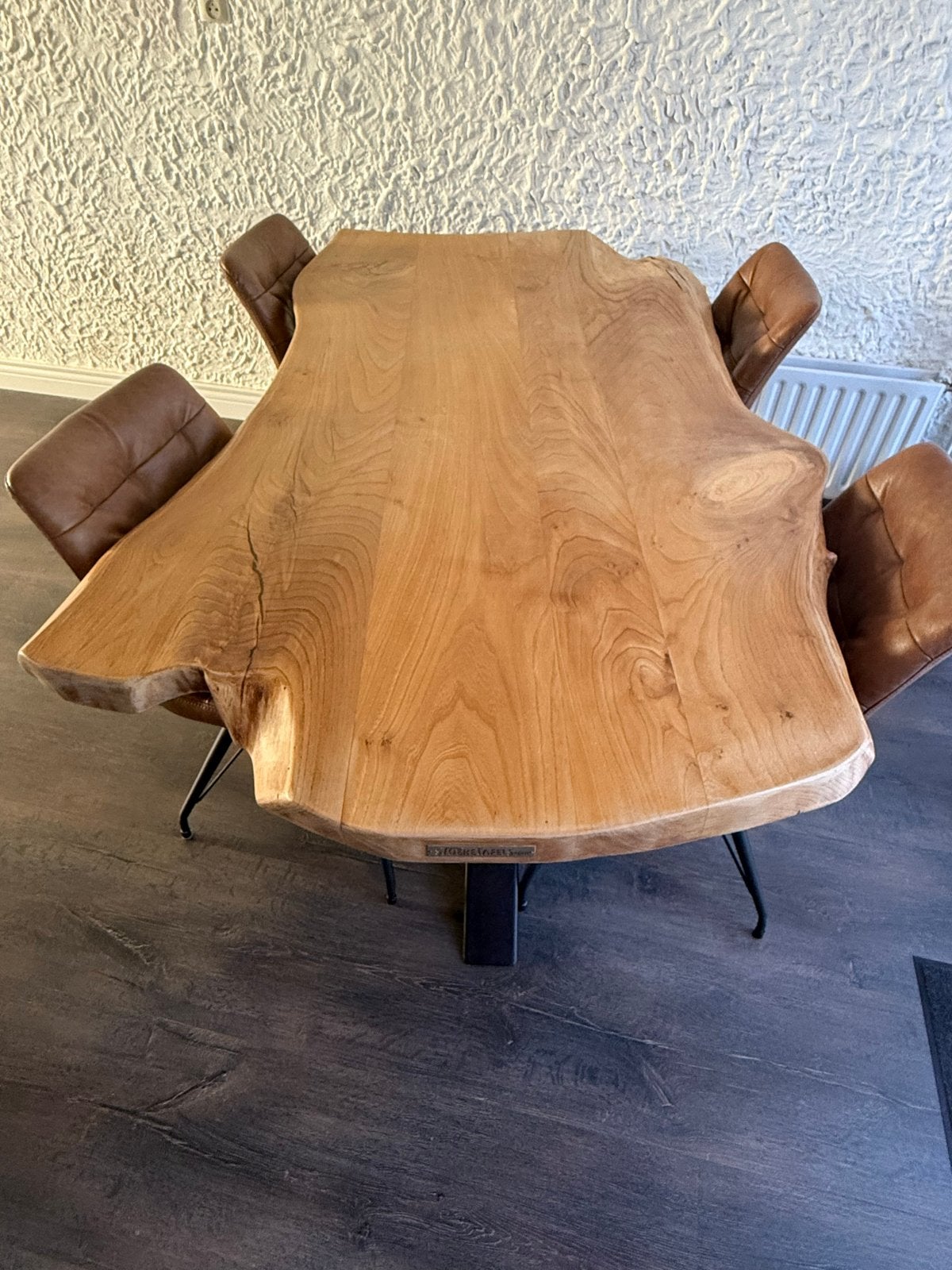 Unieke Eetkamertafel van massief hout met stalen onderstel, Ophalen, Gebruikt, 50 tot 100 cm, 150 tot 200 cm
