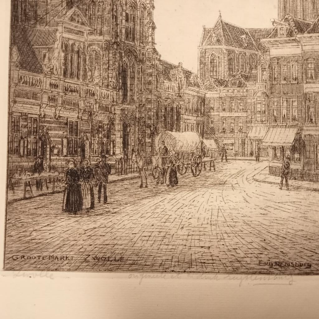 Rensburg, Eug. - Zwolle Groote Markt Ets, Antiek en Kunst, Kunst | Etsen en Gravures, Ets, Stadsgezicht, Met tekst, Ophalen of Verzenden