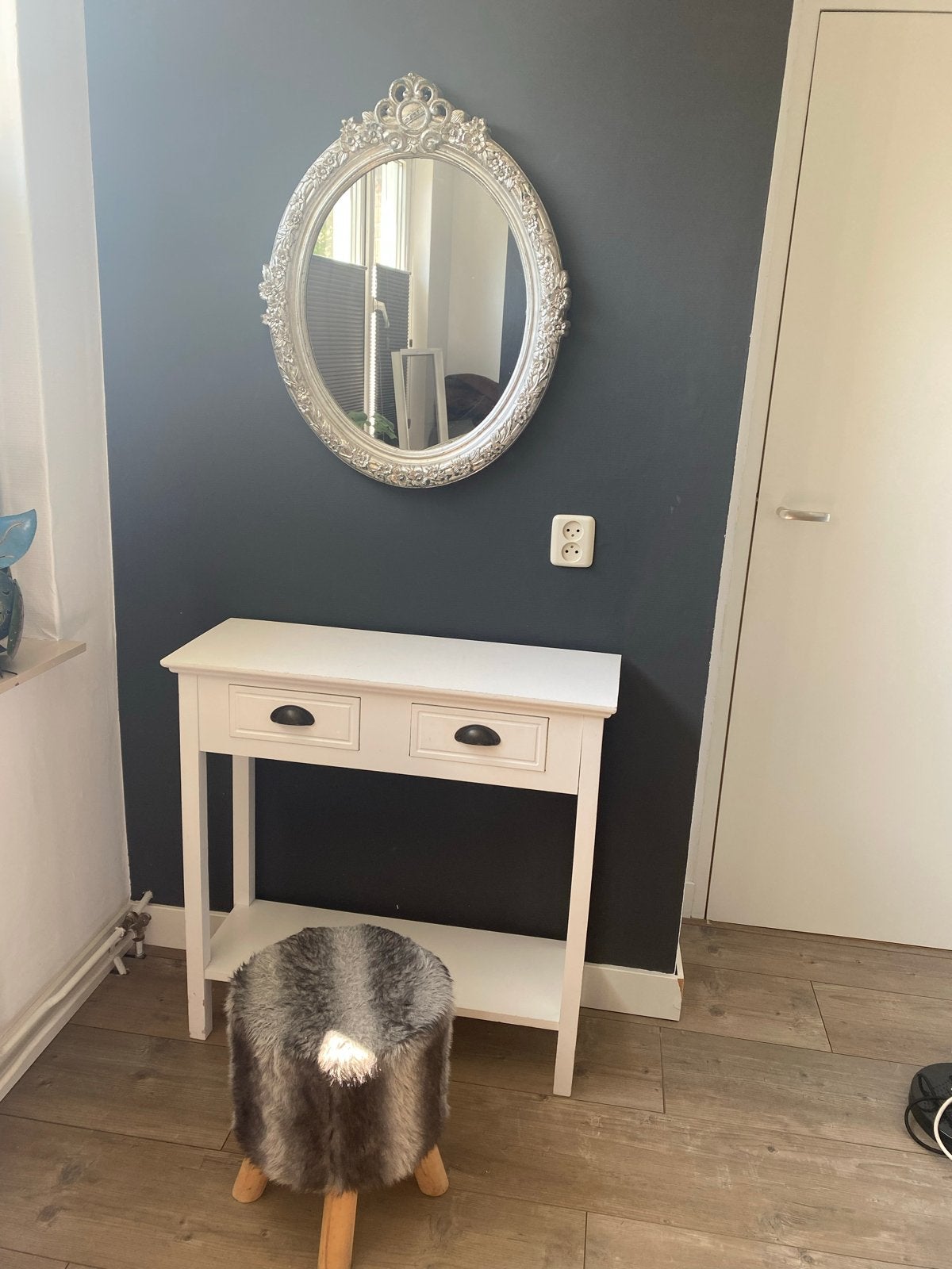Witte console tafel met spiegel, krukje en decoratie, Ophalen, Gebruikt