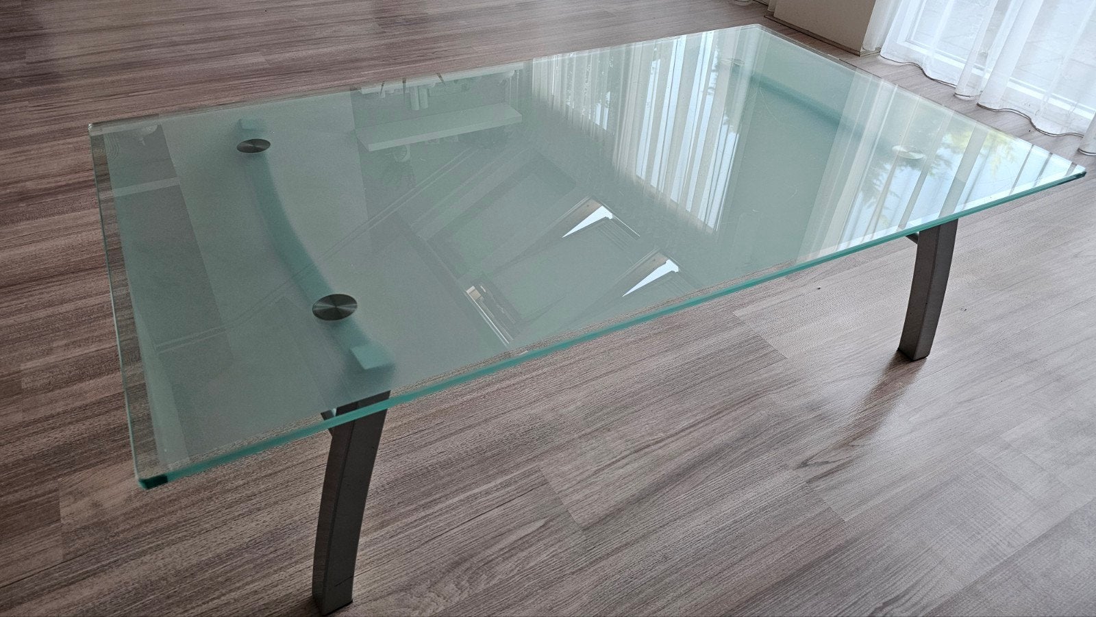 Glazen salontafel 140x80 cm – zilverkleurig onderstel, Ophalen, Gebruikt, 100 tot 150 cm, 50 tot 100 cm