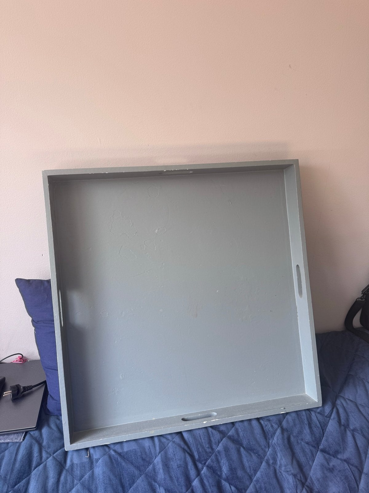 Groot grijs houten dienblad met handvatten 70x70x7cm, Huis en Inrichting, Woonaccessoires | Dienbladen, Ophalen, Gebruikt, Vierkant