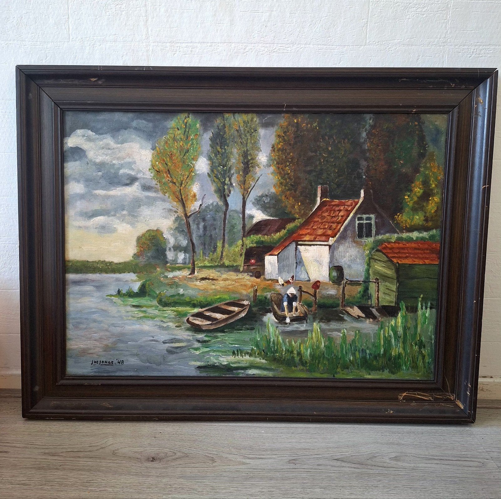 Olieverfschilderij Landschap met huis en boot, gesigneerd, Ingelijst, Doek, Impressionistisch, Ophalen of Verzenden