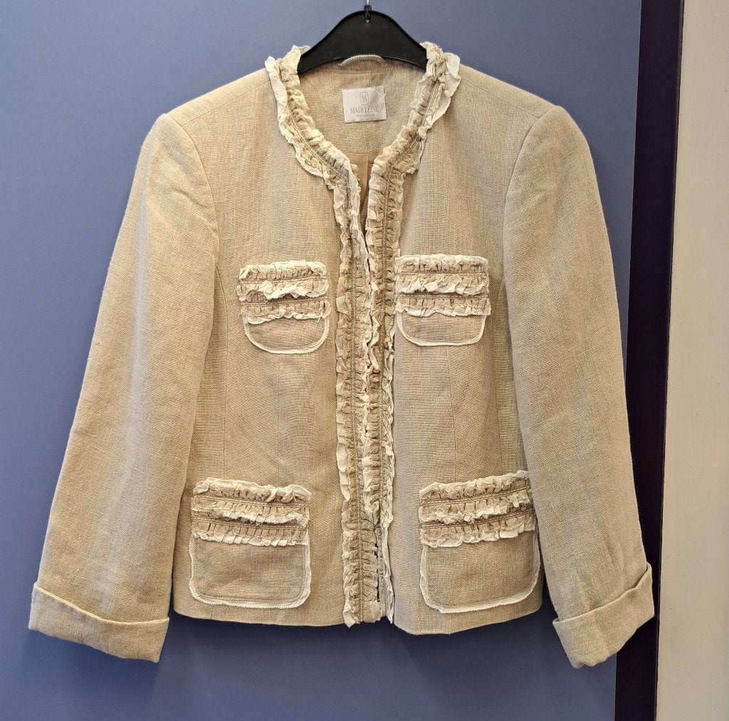 Madeleine 100% linnen blazer zand / ecru roezels 40 nr 46587, Maat 38/40 (M), ., Beige, Madeleine