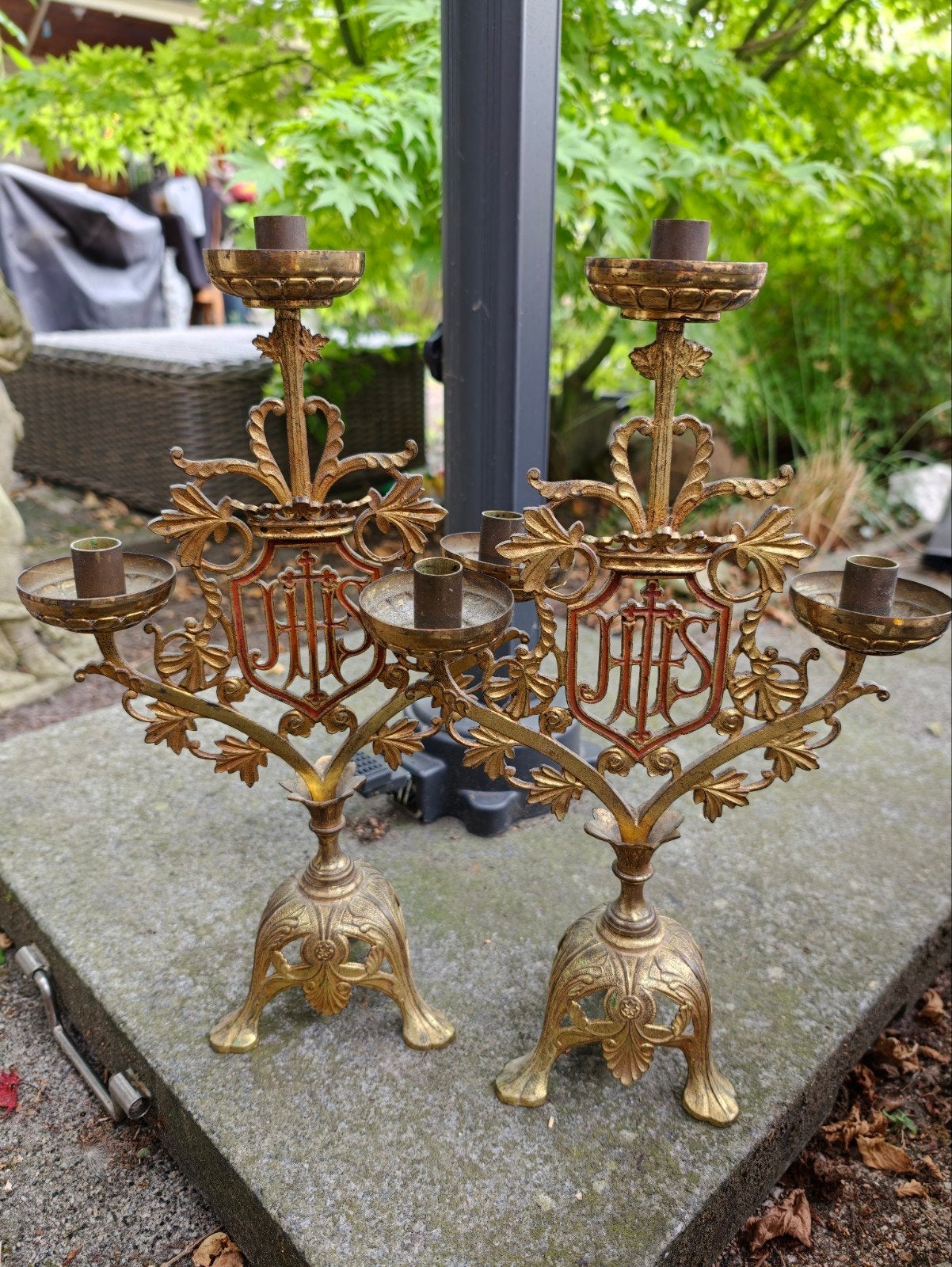 Antieke vergulde bronzen kandelaars, 1800-1900, IHS, Antiek en Kunst, Ophalen of Verzenden