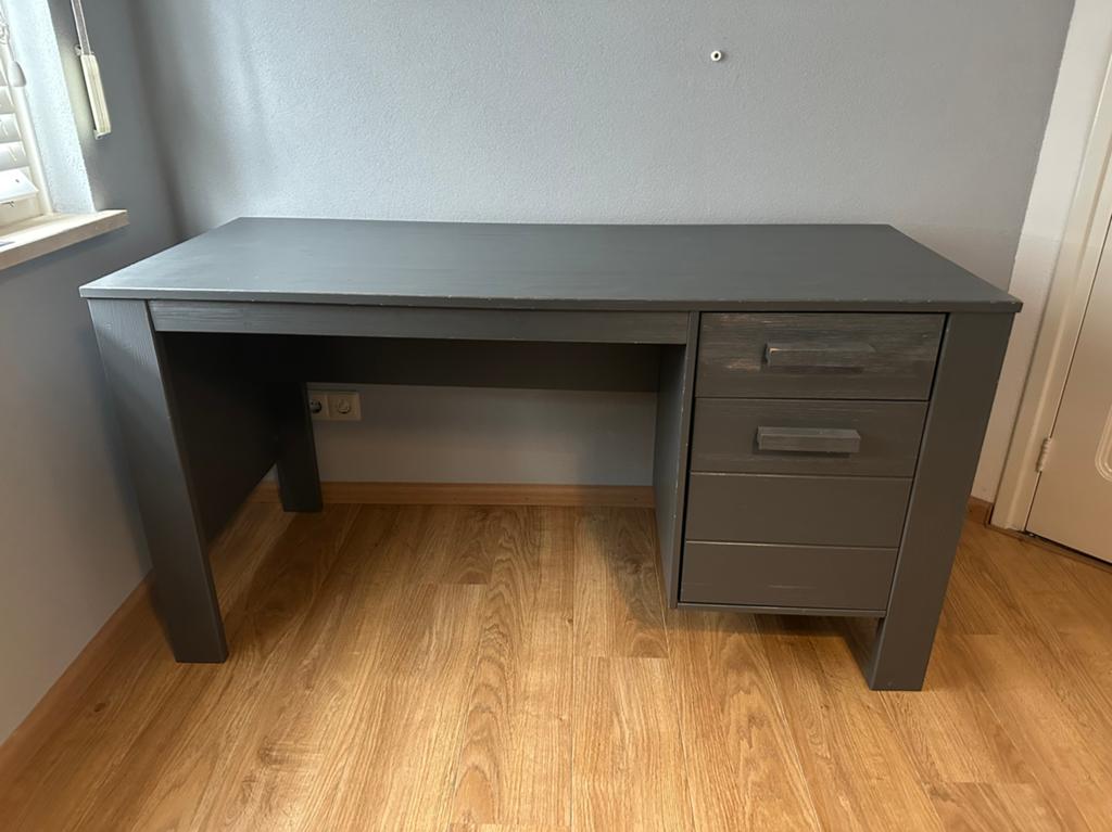 Woood - Dennis bureau grenen steel grey geborsteld, Hout, Ophalen of Verzenden, Zo goed als nieuw, 140 cm