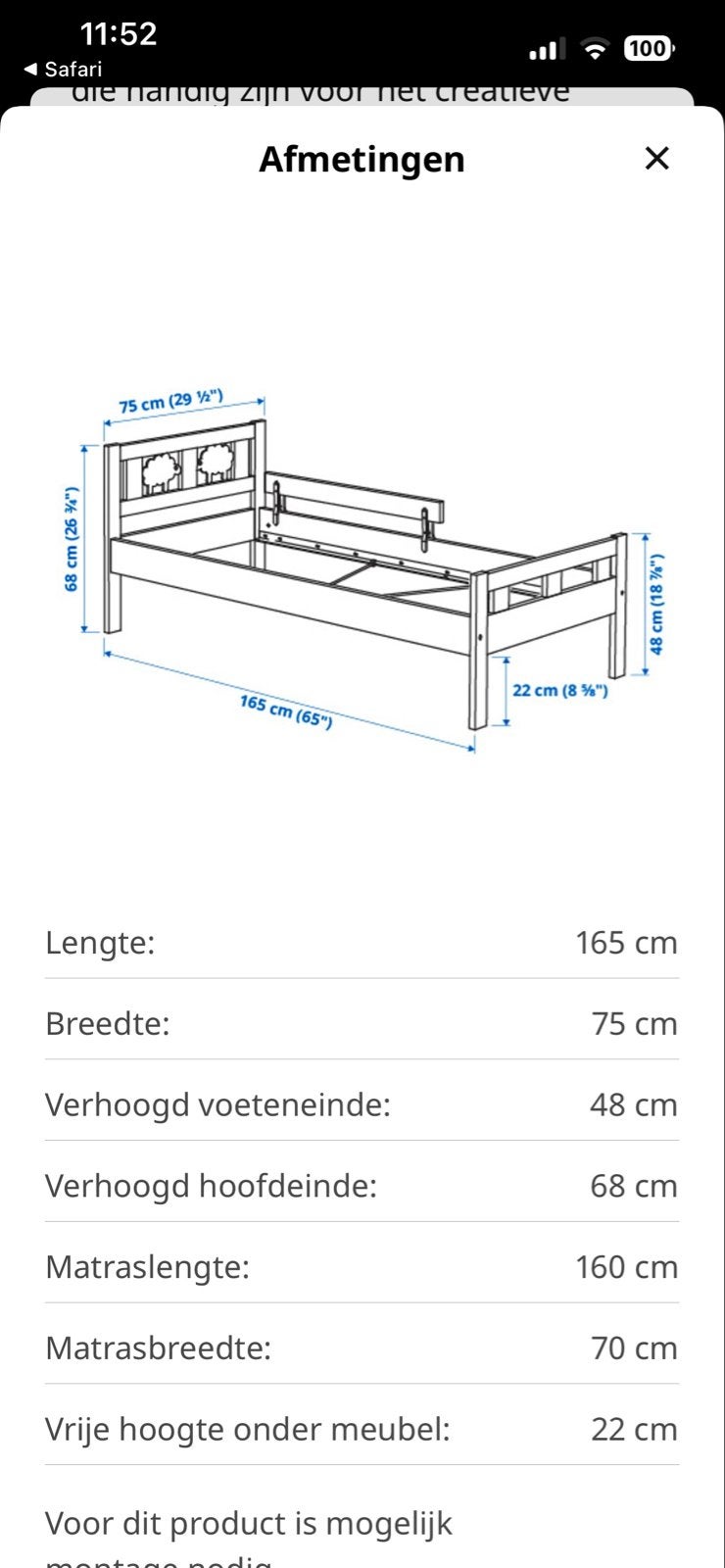 IKEA KRITTER Peuterbed met lattenbodem, wit, 70x160 cm, Ophalen, Gebruikt, 70 tot 85 cm, Lattenbodem
