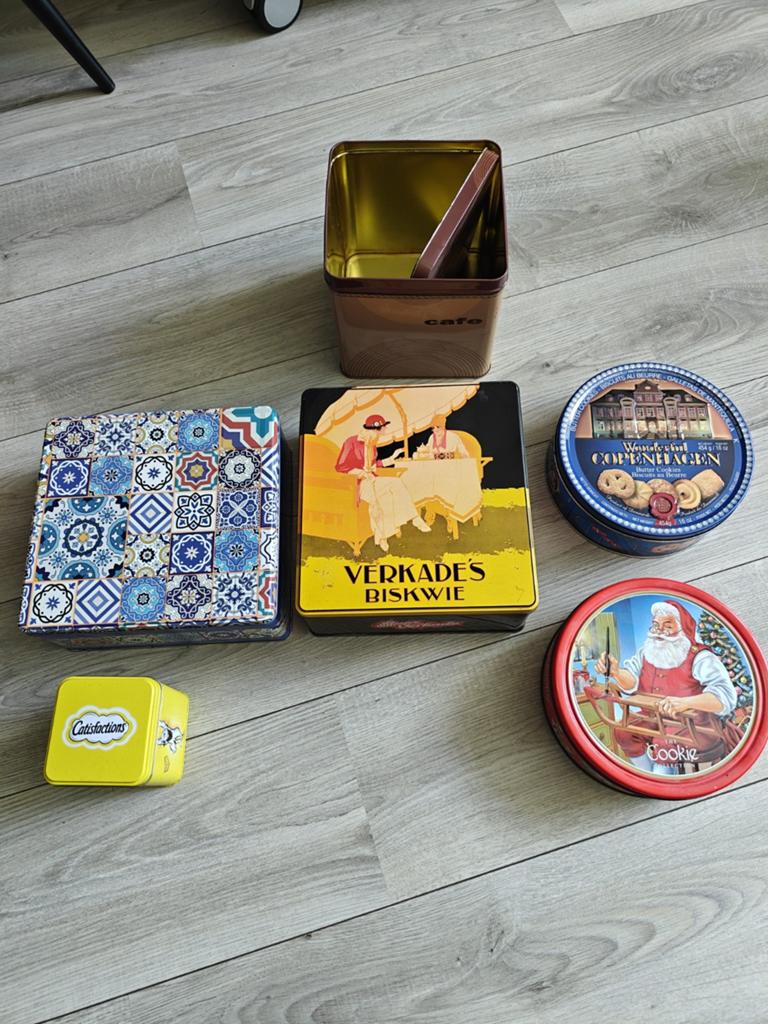 Set van 6 Vintage Koek- en Voorraadbussen, Verzamelen, Blikken, Gebruikt, Overige, Ophalen of Verzenden