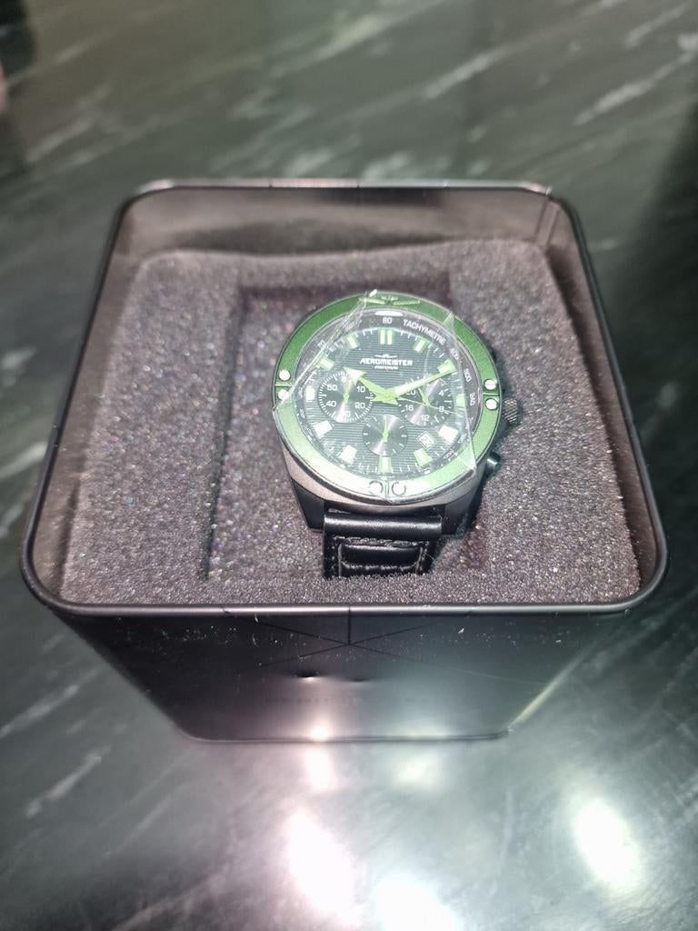 Aeromeister Chronograaf Horloge - Groen/Zwart, Sieraden, Tassen en Uiterlijk, Horloges | Heren, Overige merken, Leer, Staal, Polshorloge