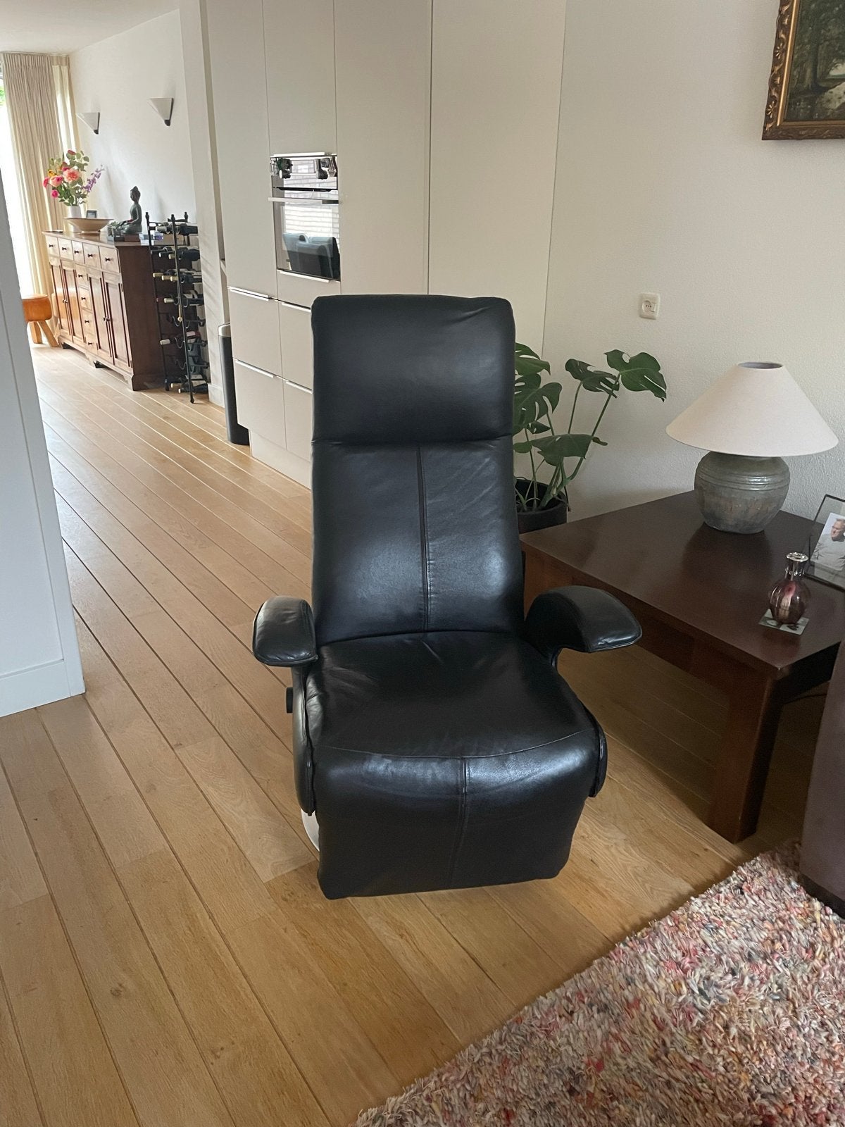 Luxe zwart leren relaxfauteuil, Ophalen, Gebruikt, 50 tot 75 cm, Leer