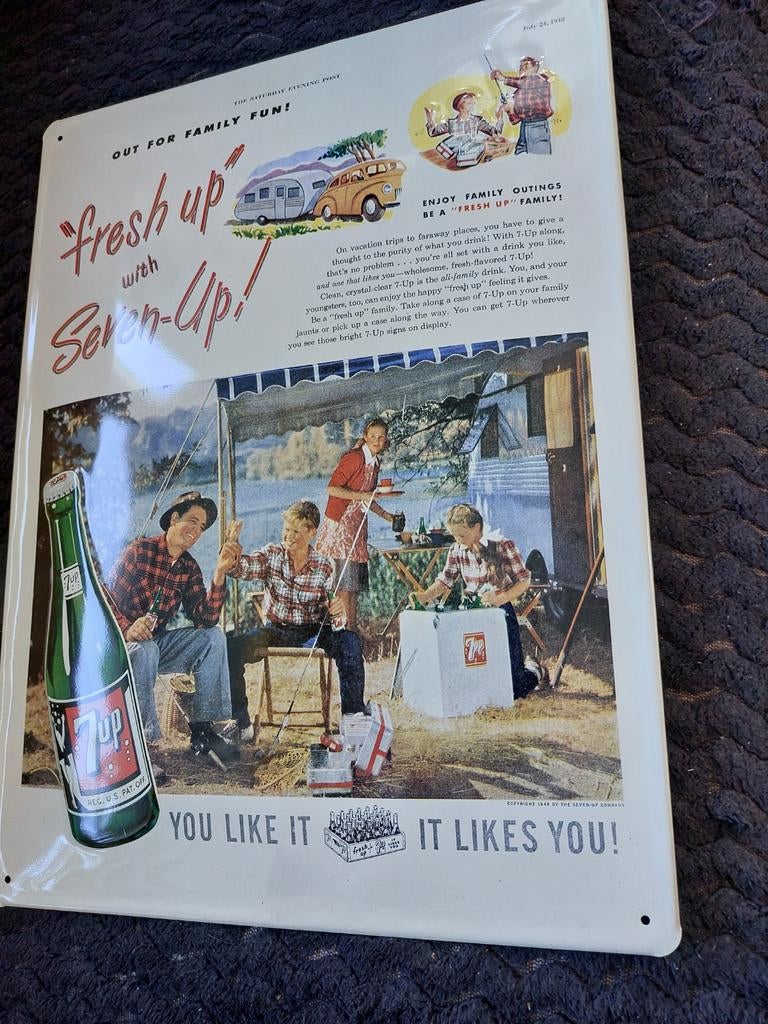 Vintage 7-Up Reclamebord - "Fresh Up with Seven-Up!" (1948), Ophalen of Verzenden, Reclamebord