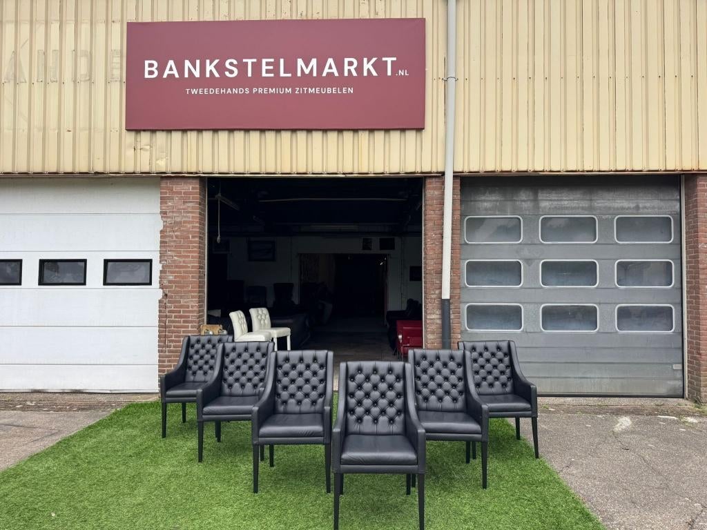 6 Eetkamer stoelen design zwart leer met armleuningen, Ophalen, Geen, Design, Zo goed als nieuw