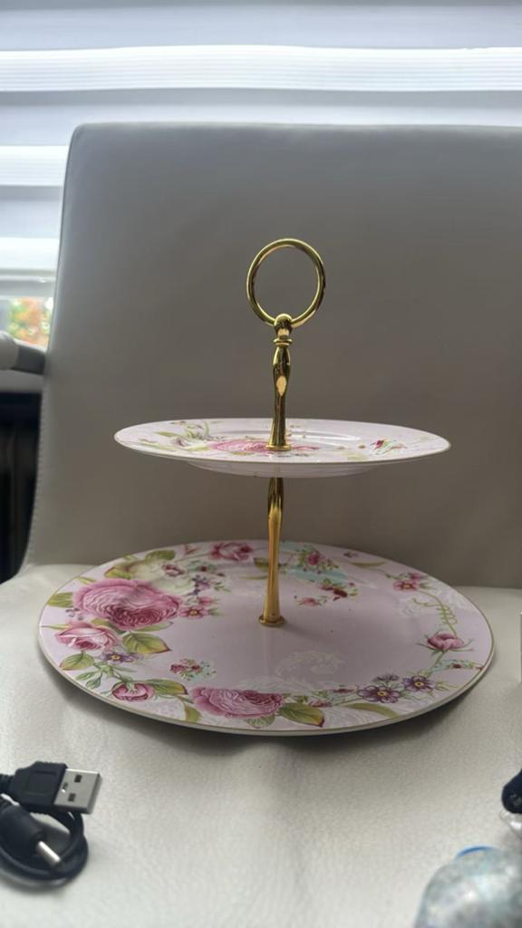 Elegante etagere met rozenprint - 2 lagen, Ophalen of Verzenden, Zo goed als nieuw