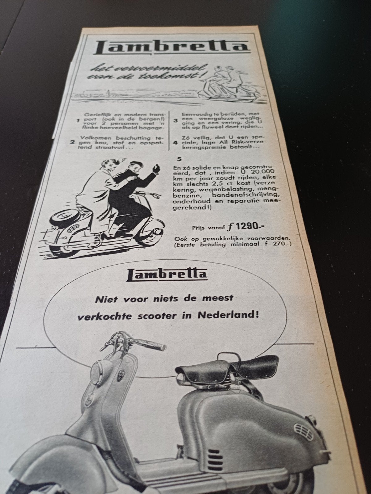 advertentie Lambretta scooter toekomst 1954, Ophalen of Verzenden, Gebruikt, Overige typen