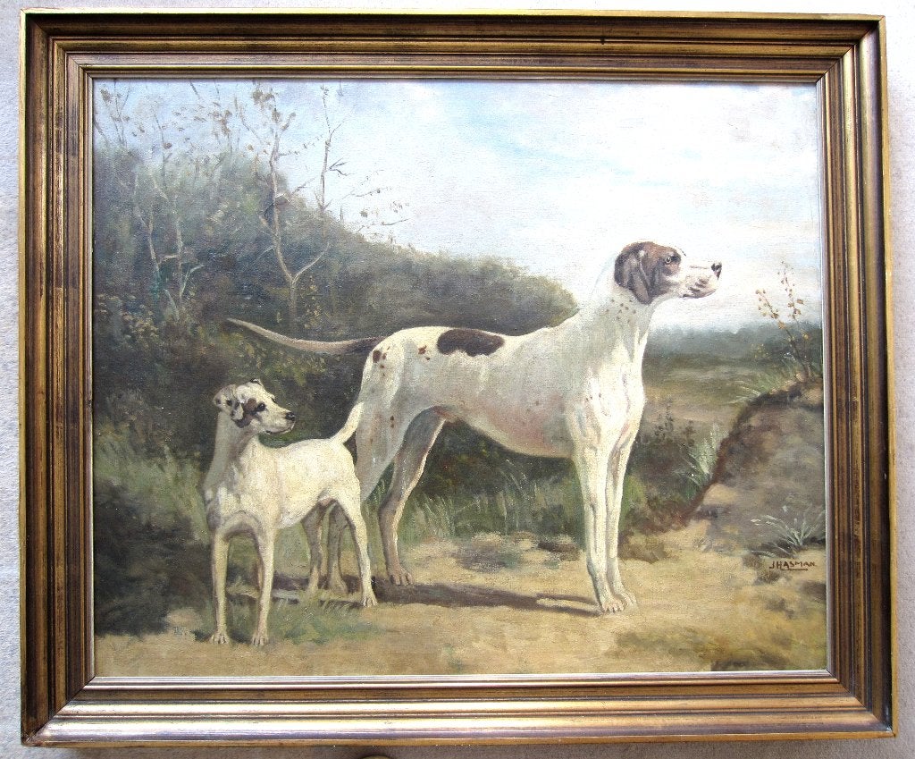 == honden in landschap ==doek 65 x 80 cm== gesigneerd ==, Ophalen of Verzenden