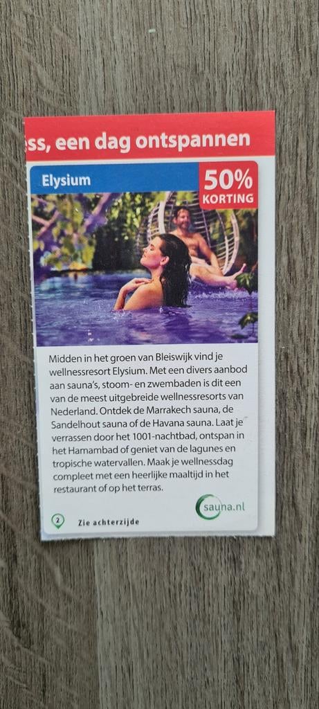 Elysium voordeelbon van de postcodeloterij voor 50% korting, Drie personen of meer, Kortingsbon, Spa of Sauna