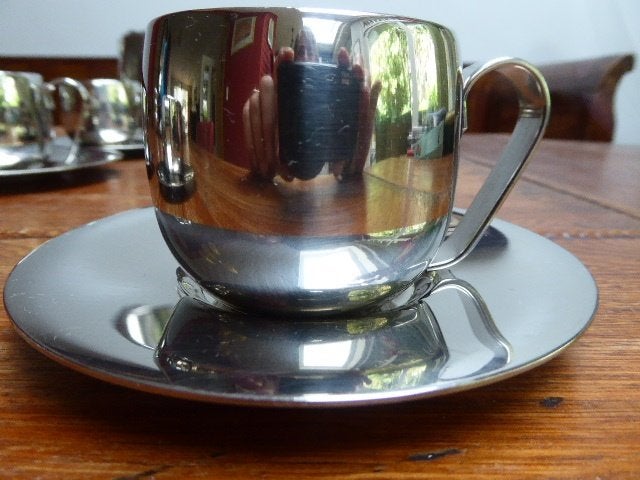 6 r.v.s. espressokopjes +schoteltjes en roomstelletje, Ophalen of Verzenden