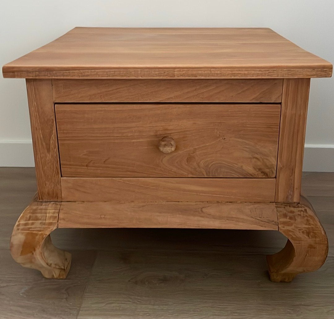 Teak bijzettafel met lade z.g.a.n., Huis en Inrichting, Minder dan 55 cm, Vierkant, Zo goed als nieuw, Ophalen
