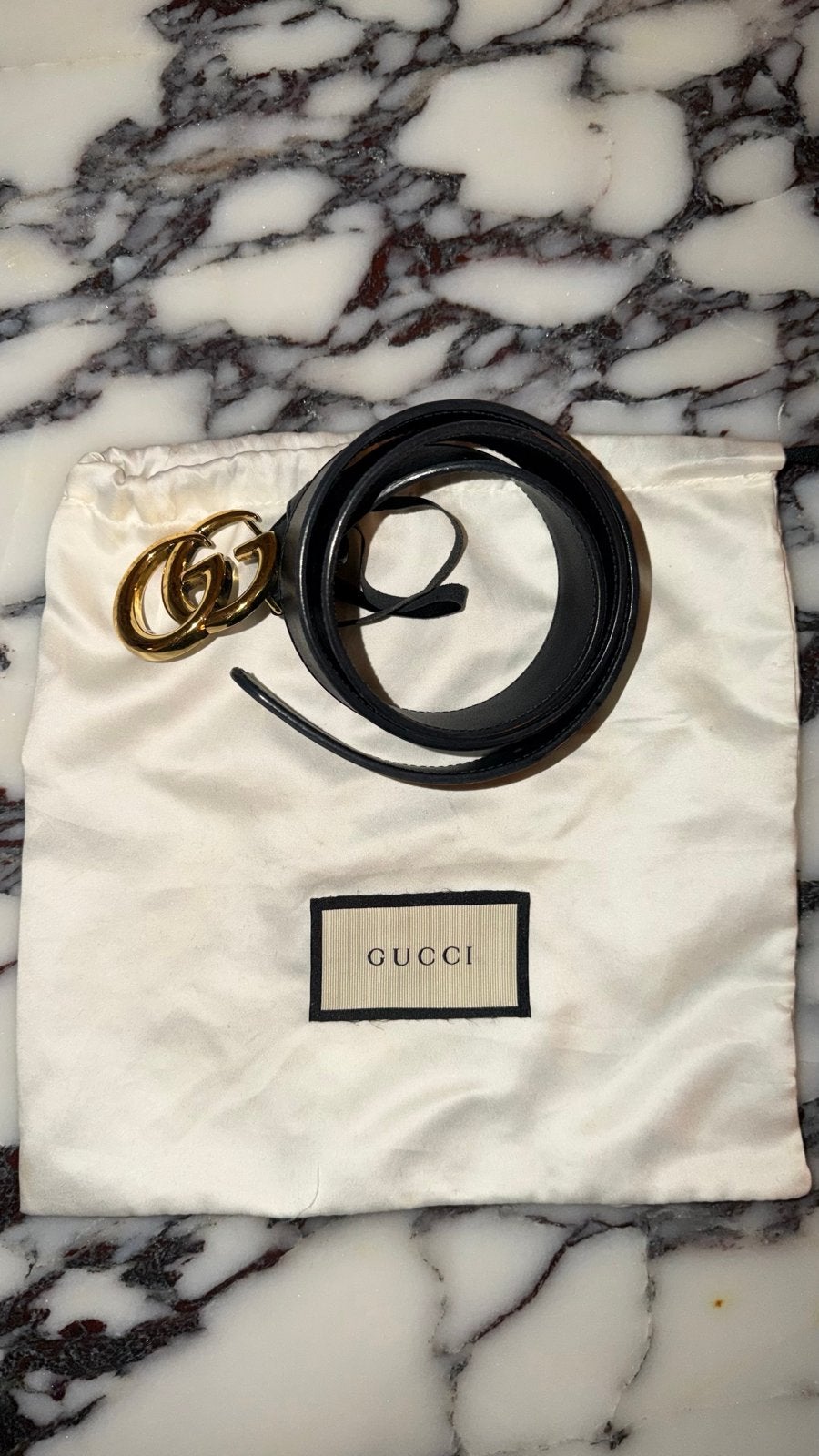Gucci GG Marmont Riem Zwart Leer Goudkleurige Gesp, 80 tot 90 cm, 3 tot 5 cm, Heupriem, Ophalen of Verzenden