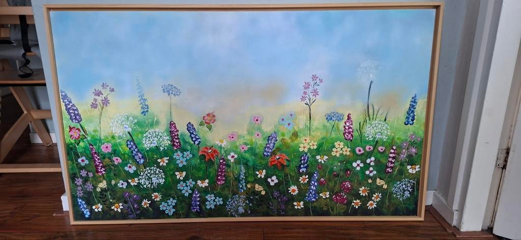 Schilderij met bloemenveld, 120x70 cm, incl. houten baklijst, Antiek en Kunst, Kunst | Schilderijen | Klassiek, Ophalen of Verzenden