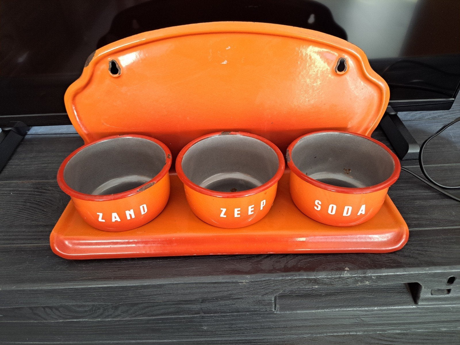 zand zeep soda oranje gevlamd emaille rek, Antiek en Kunst, Ophalen of Verzenden