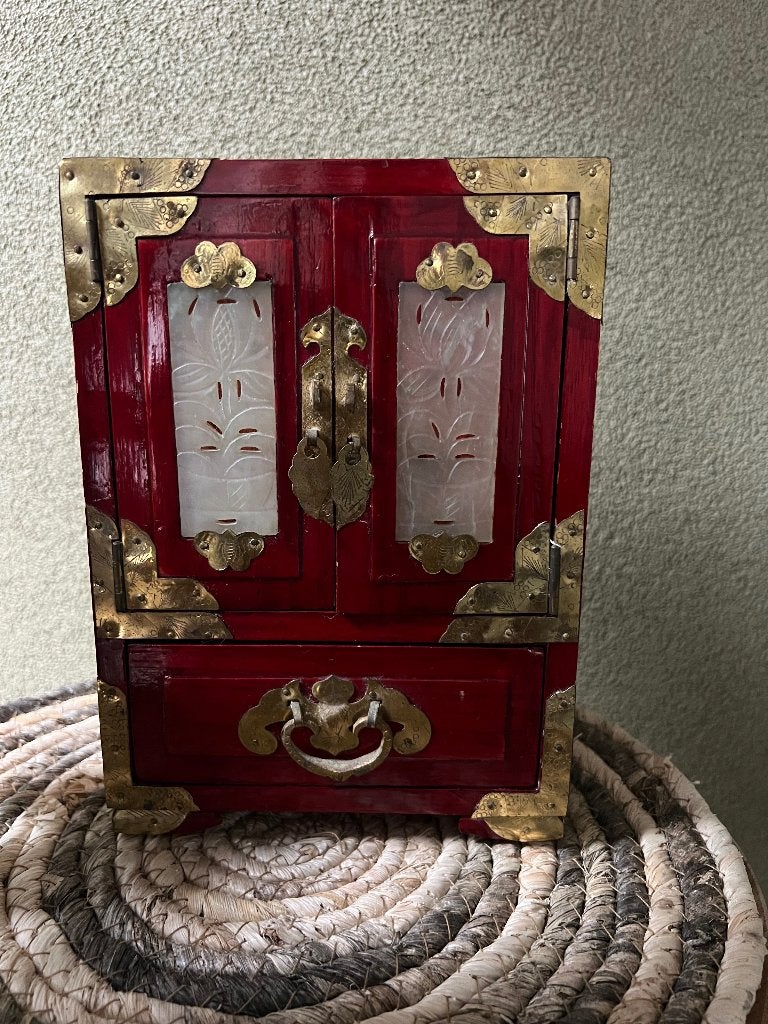 Chinees sieradenkastje jade chinese kist kast juwelenkist la, Hout, 22 cm, Bruin, Handgemaakt