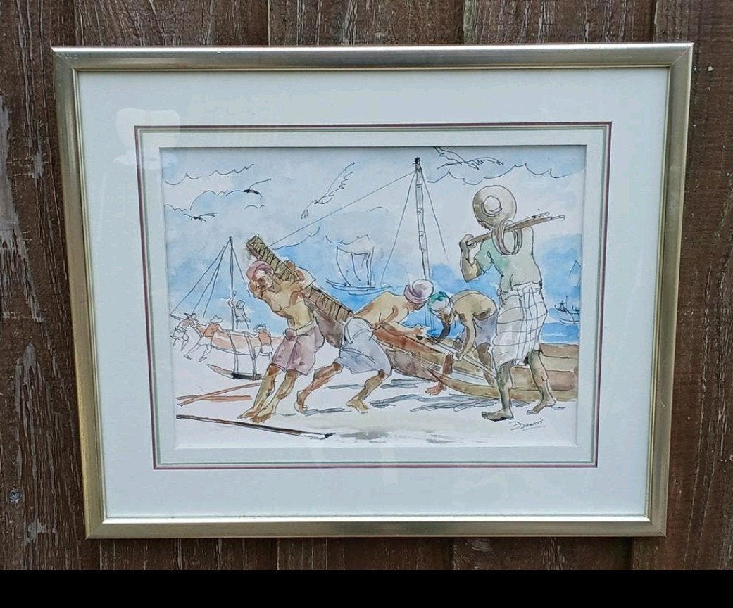 Ingelijste aquarel van Domus: Vissers aan het werk, Antiek en Kunst, Kunst | Schilderijen | Modern, Figuren, Aquarel, Papier/karton