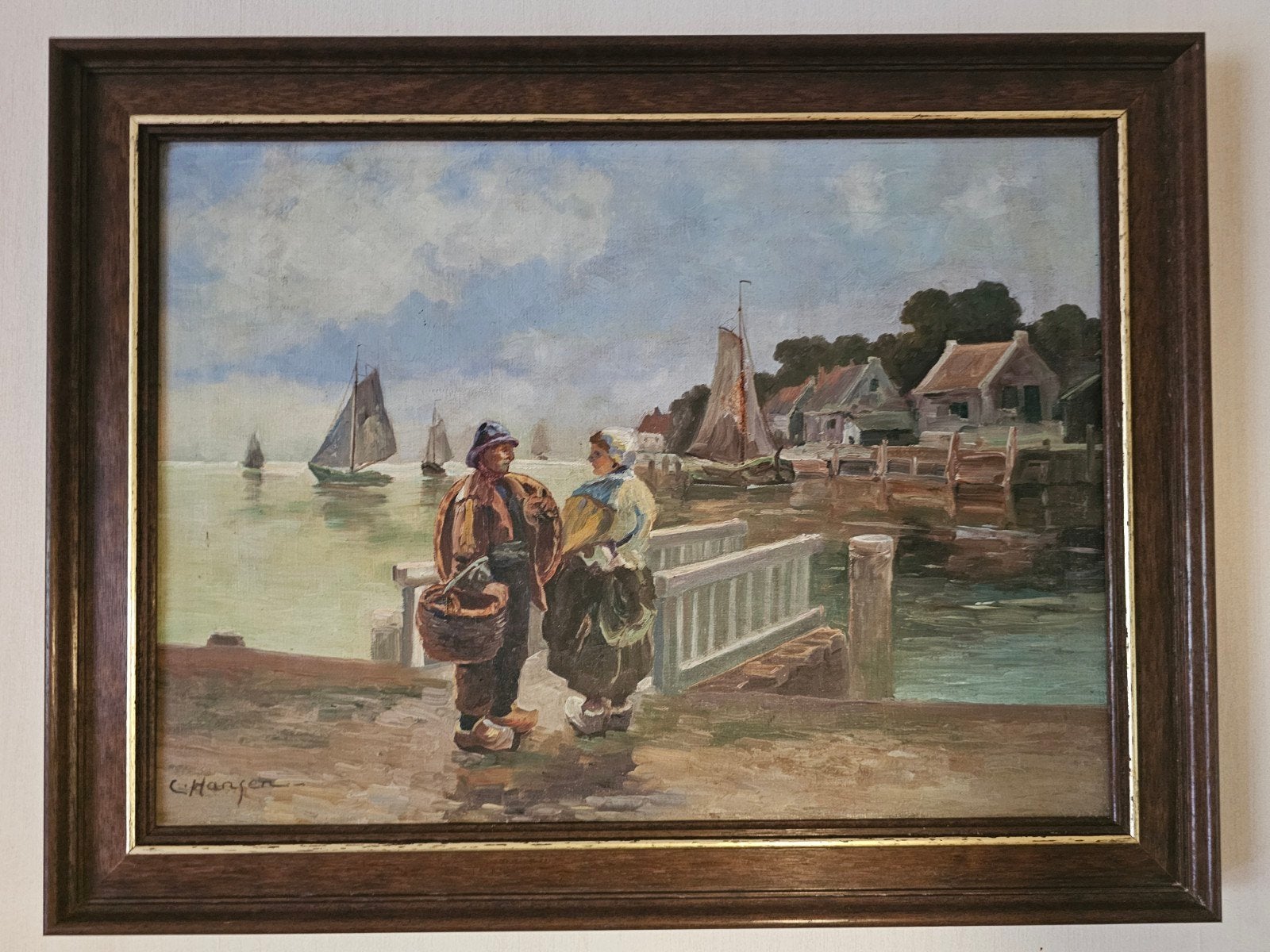 Olieverfschilderij: Visserspaar aan de kade, gesigneerd, Ophalen of Verzenden