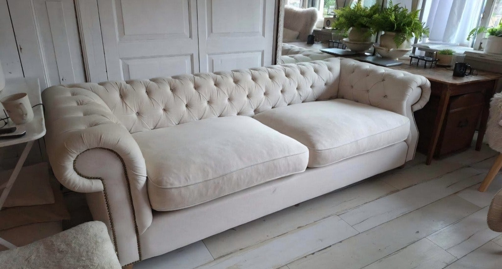 ecru kleur stoffen chesterfield bank, Ophalen, Gebruikt, 75 tot 100 cm, 200 tot 250 cm
