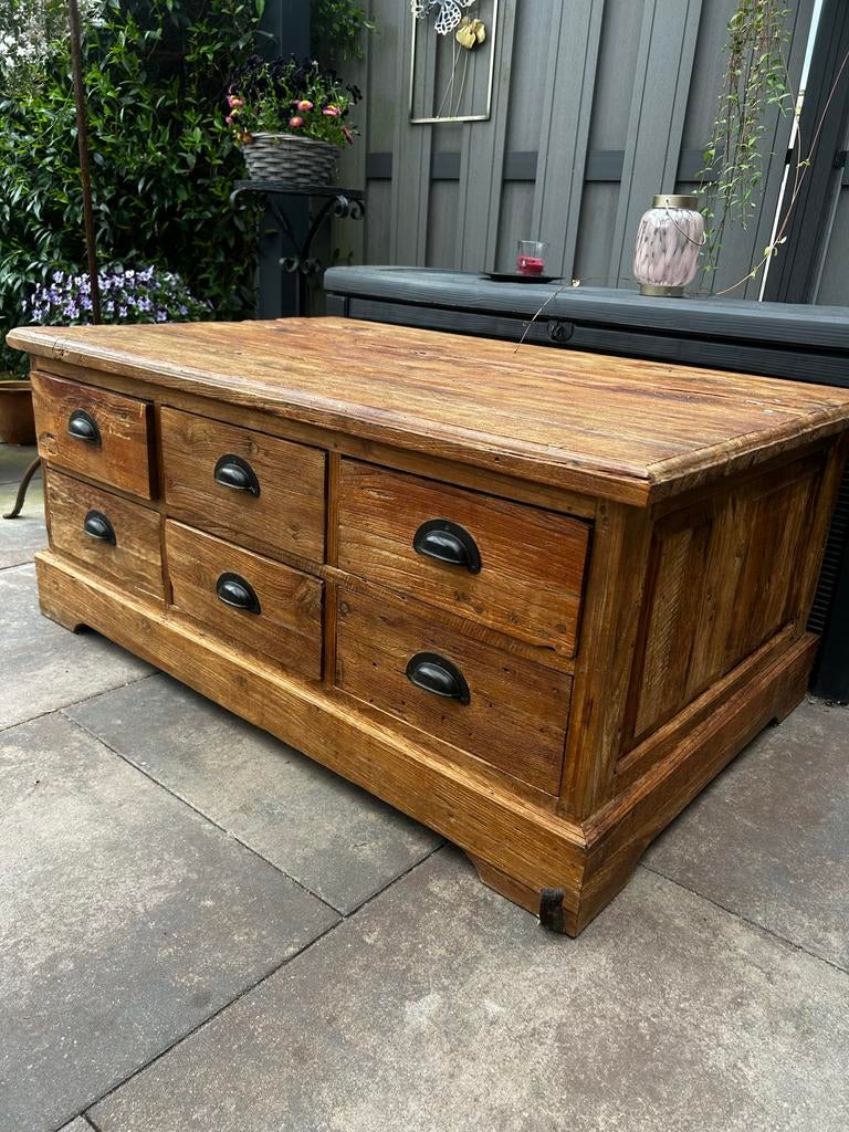 Robuuste houten ladekast / salontafel met 6 laden, 100 tot 150 cm, Ophalen of Verzenden, Zo goed als nieuw, Minder dan 50 cm