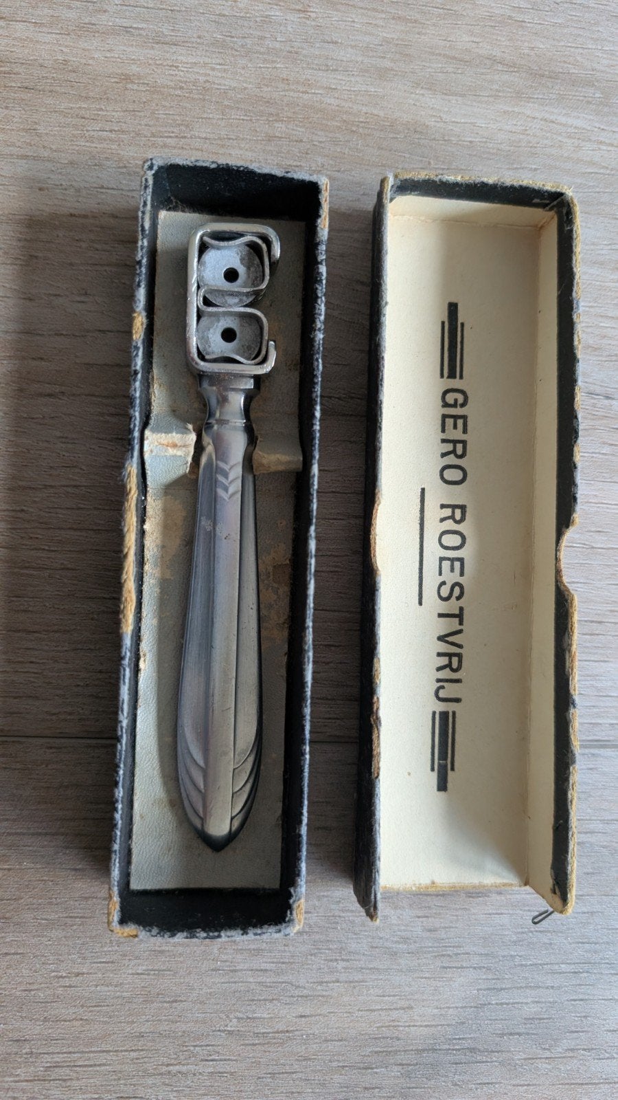 Gero Roestvrij Messenslijper in originele doos, Ophalen, Gebruikt, Gero, Rvs of Chroom