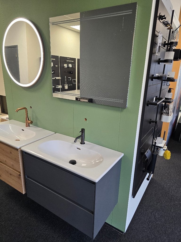 Laufen Luna wastafelmeubel 80cm hout/antraciet spiegel kraan, Huis en Inrichting, Ophalen, Overige typen, Nieuw, 50 tot 100 cm