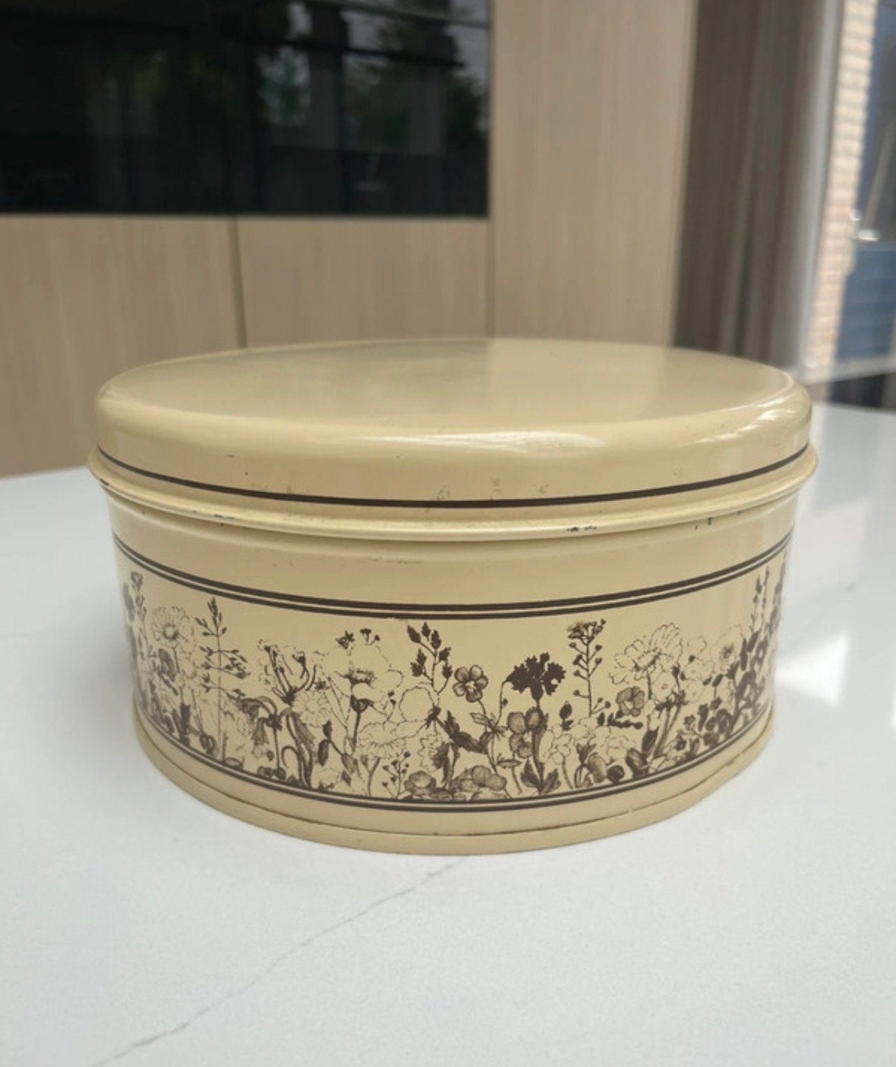 Vintage Brabantia blik met botanische bloemenprint, Ophalen of Verzenden