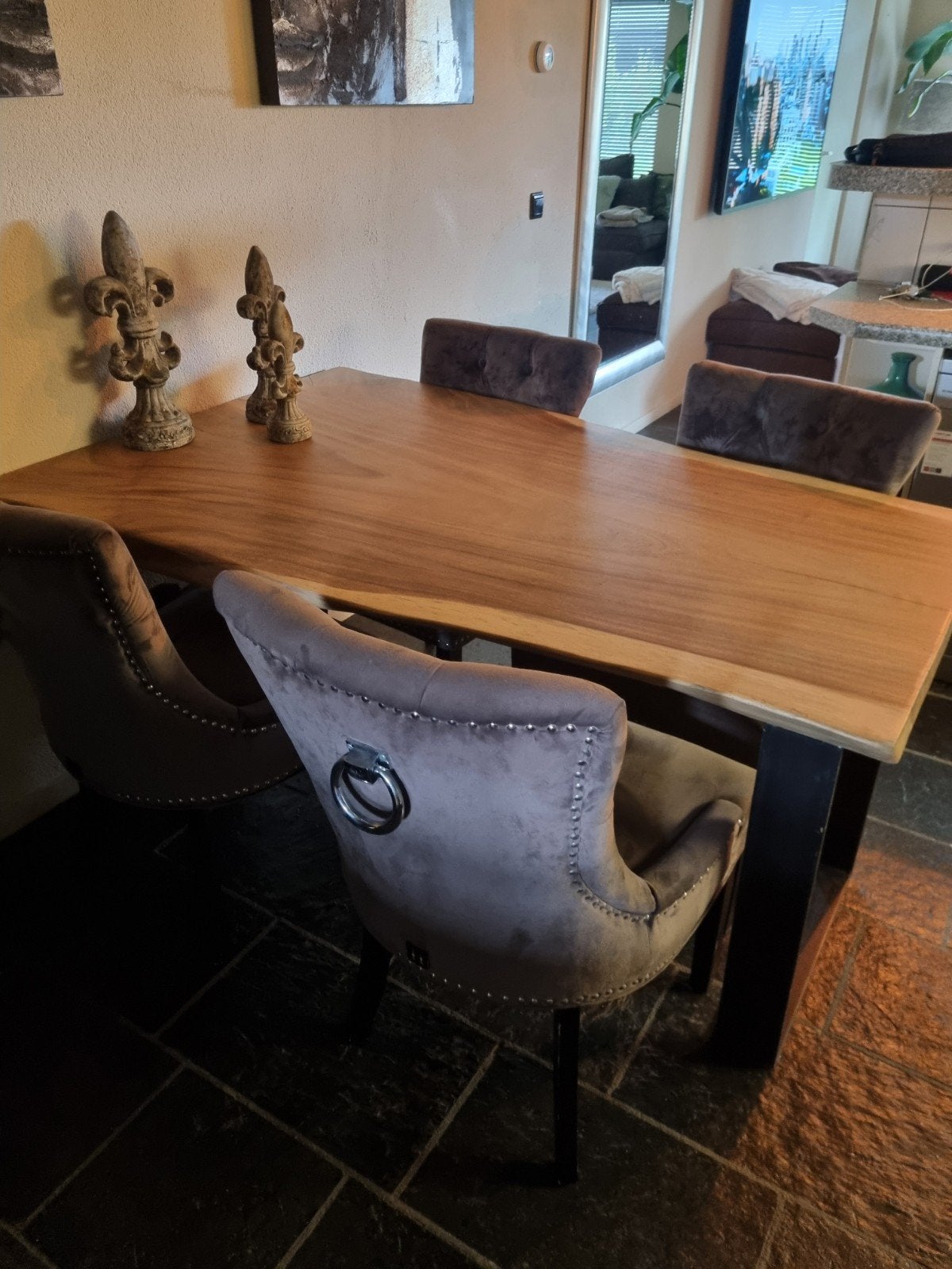 Boomstam tafel eethoek, Zo goed als nieuw, 150 tot 200 cm, Rechthoekig, 50 tot 100 cm