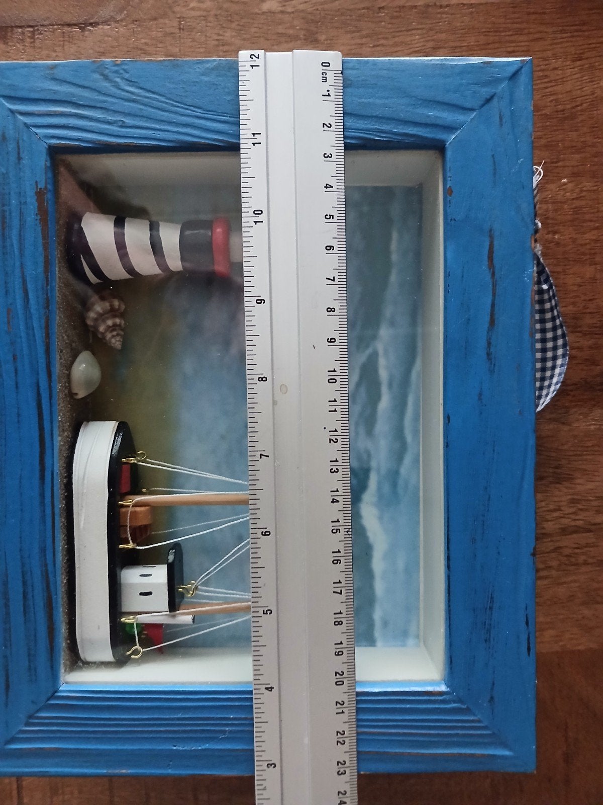 Maritiem schilderij met boot en vuurtoren, Hout, Gebruikt, Blauw, Overige stijlen