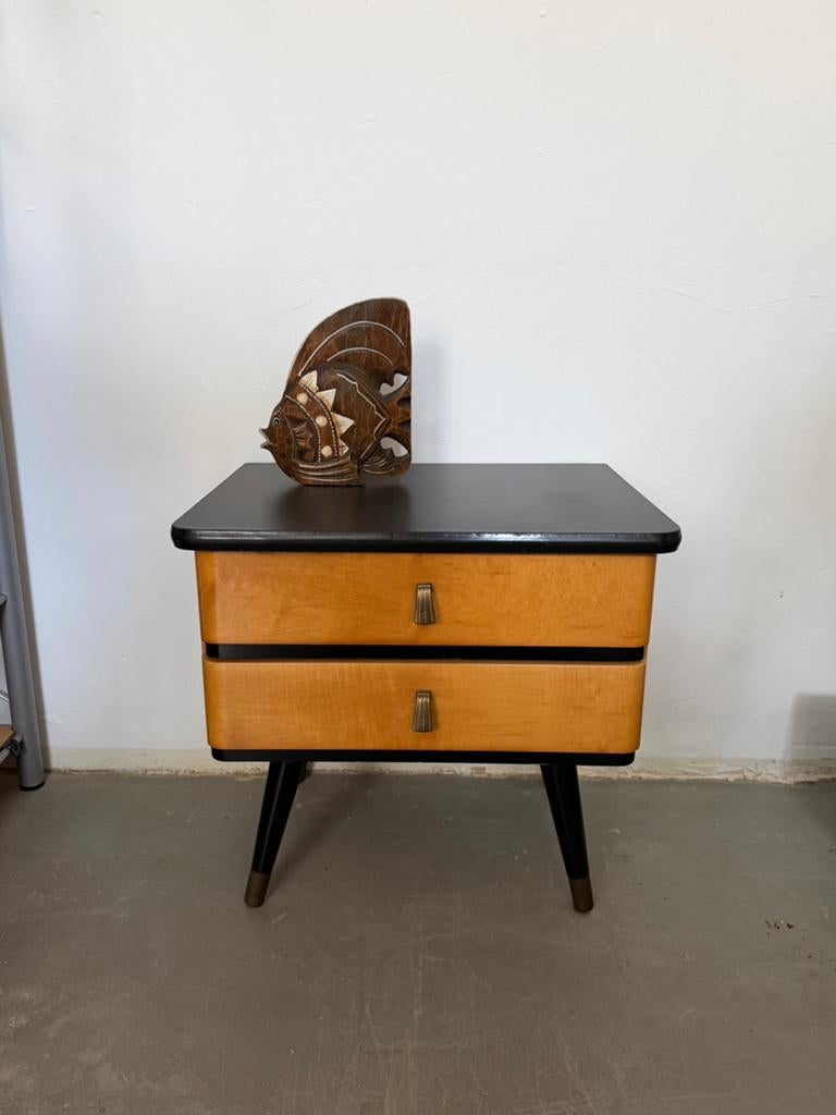 Midcentury nachtkastje, vintage design ladekastje hout, Huis en Inrichting, Kasten | Ladekasten, Ophalen, Minder dan 50 cm, Gebruikt
