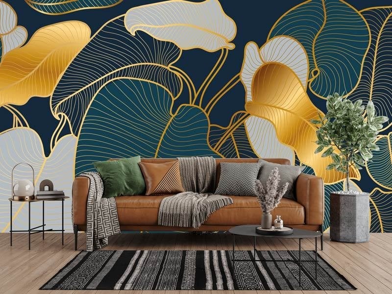 Fotobehang / Behang: Jungle - Abstracte Gouden Bladeren, Huis en Inrichting, Stoffering | Behang, Ophalen, Stuifzand, Bladeren