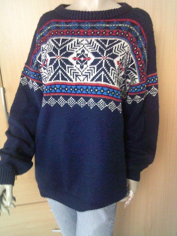 Blauwe Noorse handknitted trui maat M/L, Verzenden, Gedragen, Maat 38/40 (M), Meerkleurig
