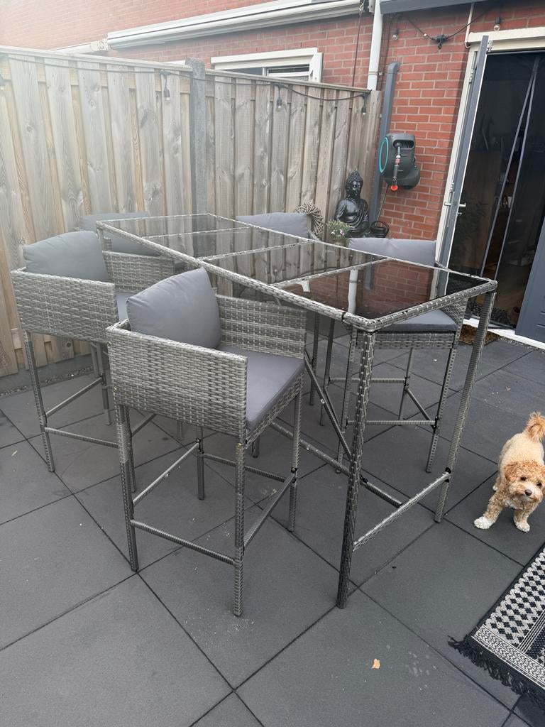 Splinternieuwe Bartafelset met 5 Barkrukken - Grijs, Tuin en Terras, Tuinsets en Loungesets, Nieuw, Tuinset, Wicker, 6 zitplaatsen