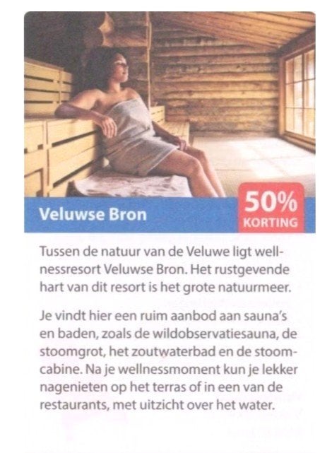 Veluwse Bron 50% korting, Tickets en Kaartjes, Kortingen en Cadeaubonnen, Drie personen of meer, Kortingsbon, Spa of Sauna