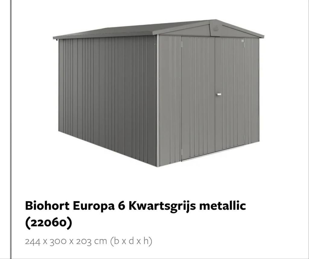 Biohort Europa 6 Kwarts grijs metallic berging met extra's, Ophalen of Verzenden