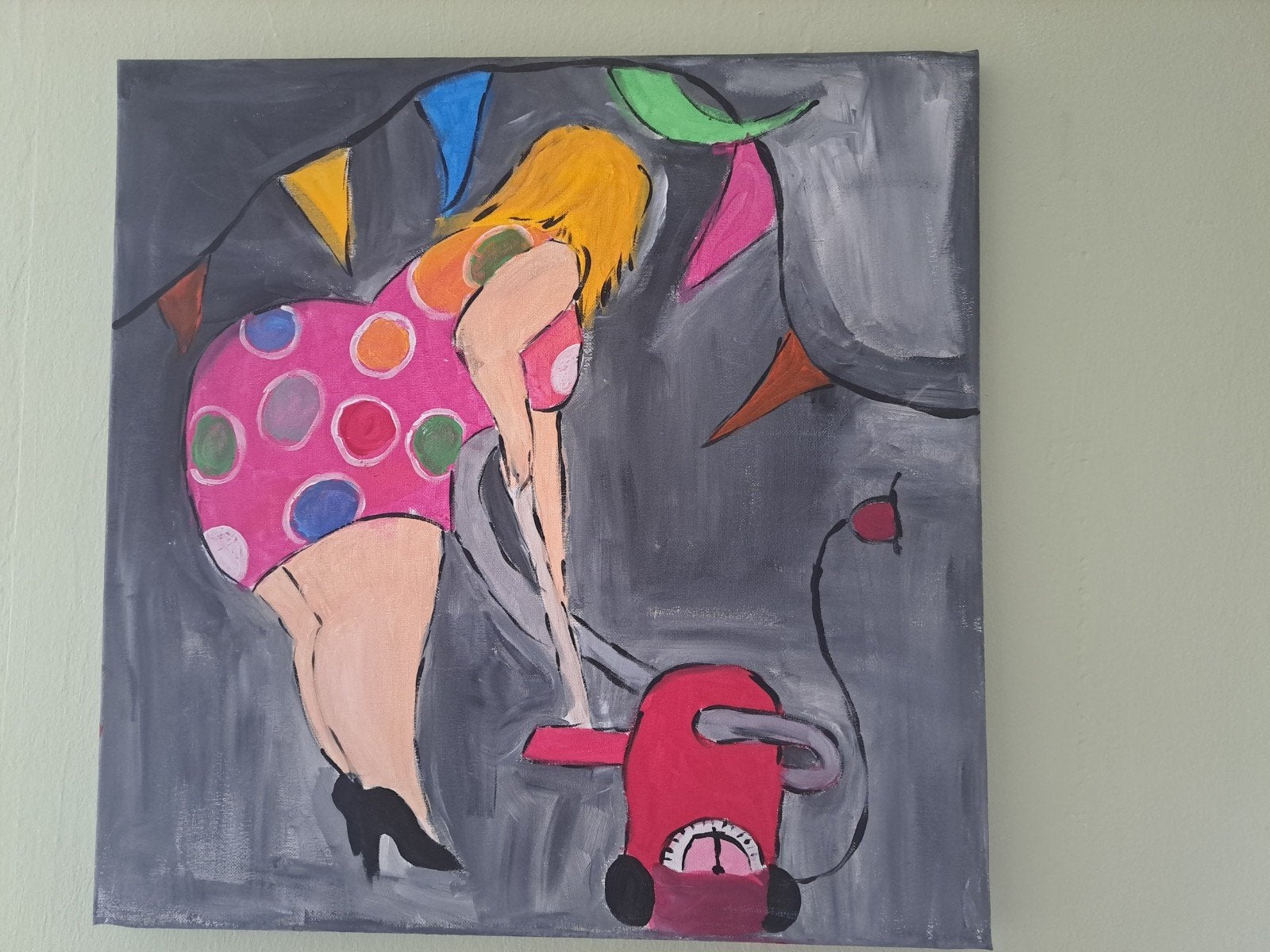 Vrolijk schilderij van dame met stofzuiger, Ophalen