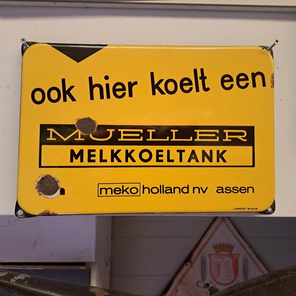 Mueller melkkoeltank Emaille Langcat Bussum, Ophalen of Verzenden, Gebruikt, Reclamebord