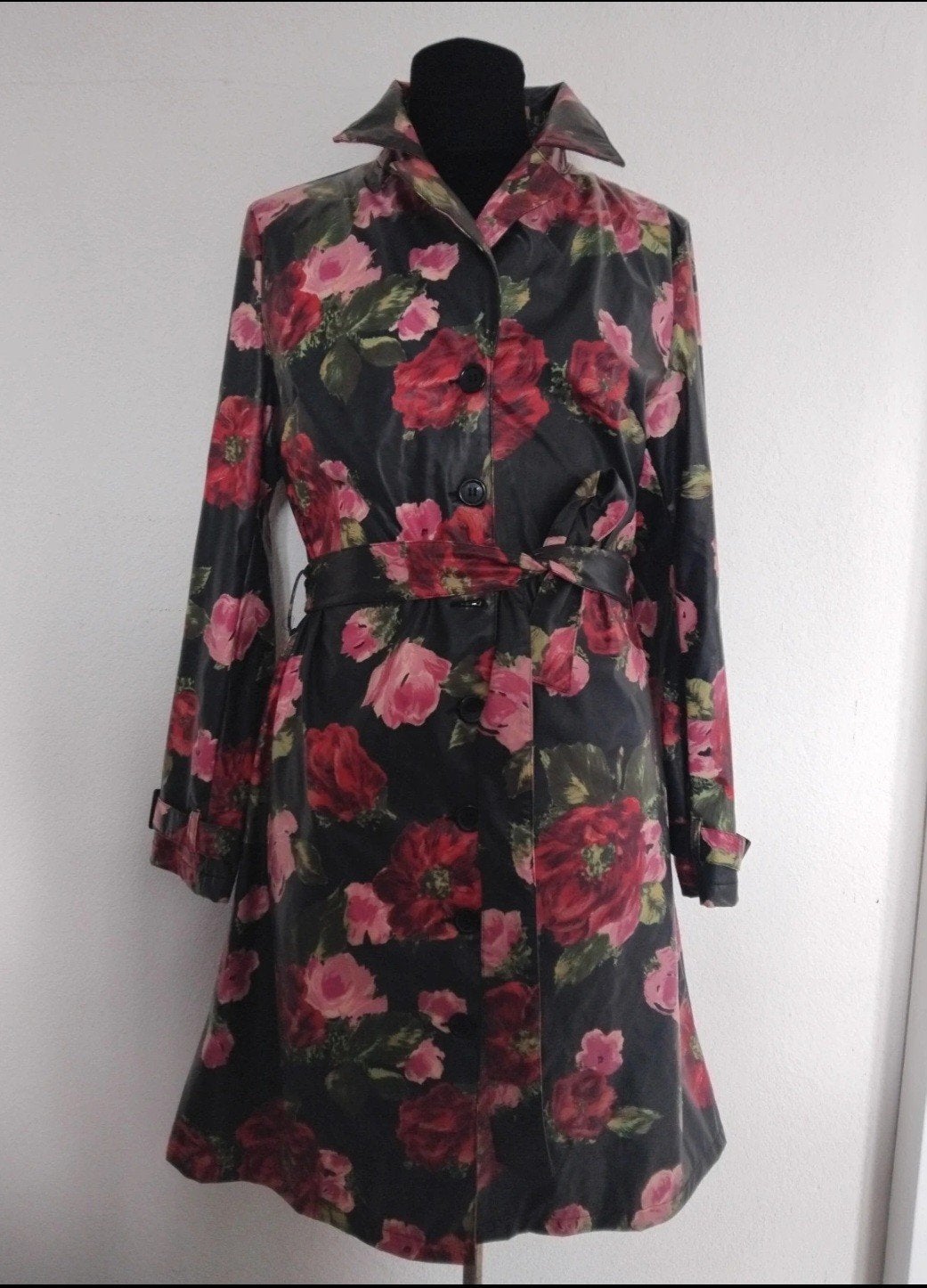King Louie regenjas/ trenchcoat met bloemenprint - Maat L, Zwart, Maat 42/44 (L), Ophalen of Verzenden, Zo goed als nieuw